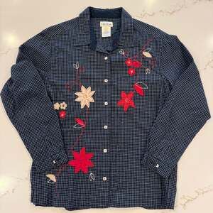 BOBBIE BROOKS - WOMEN'S BLUE PLAID EMBROIDERED LONG SLEEVE BUTTON-UP TOP - L